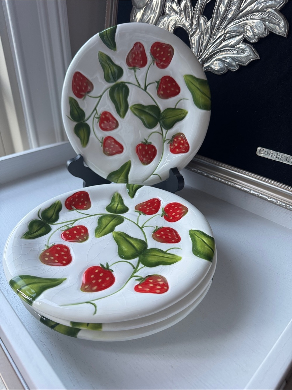 Hand-Painted raised Strawberry Ceramic Dessert Plates set of 4
